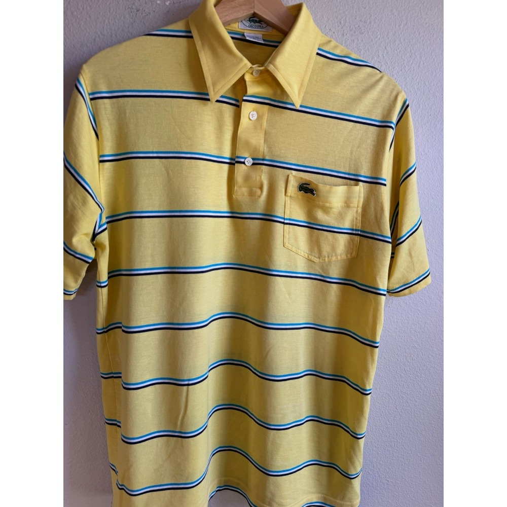 Izod Lacoste Men's Polo Shirt M Yellow Striped Short Sleeve Pocket Logo Knit